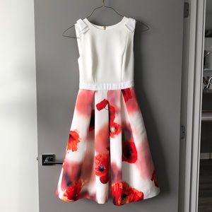 Ted Baker White Bodice Midi Dress with Red Floral Skirt